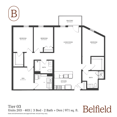 Floor plan for 3 beds, 2 baths, 1424 sqft